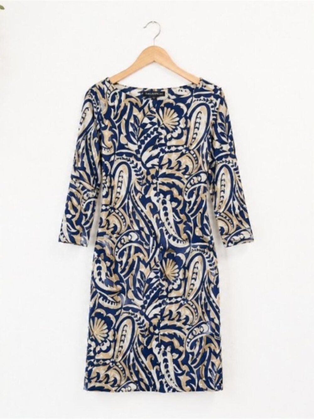 J McLaughlin Paisley Shift Dress XS Navy Tan Resort Travel Dress